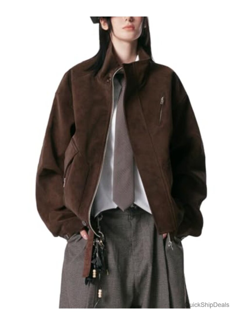 Faux Suede Oversized Bomber Jacket Zip Up Casual Coat